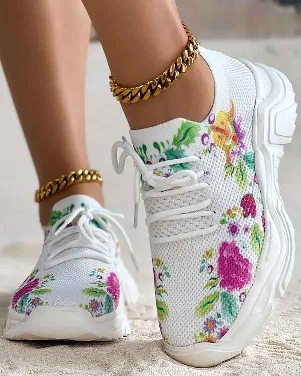 Blomsneaker - Andningsbara Snörsneakers med Fräscht Blommönster för Heldagskomfort