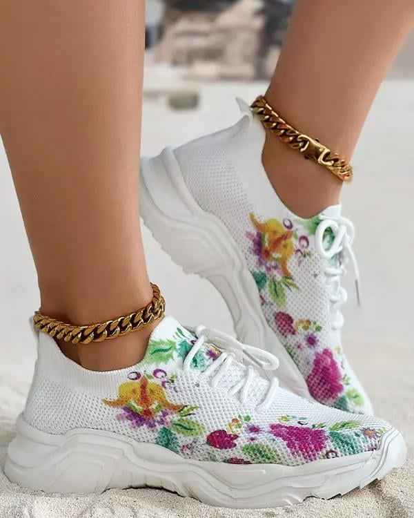 Blomsneaker - Andningsbara Snörsneakers med Fräscht Blommönster för Heldagskomfort