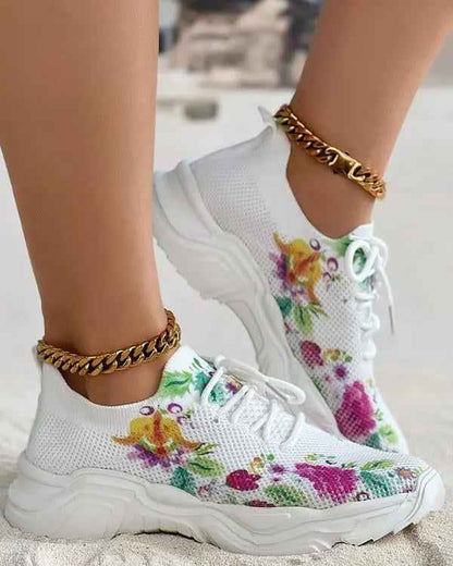 Blomsneaker - Andningsbara Snörsneakers med Fräscht Blommönster för Heldagskomfort