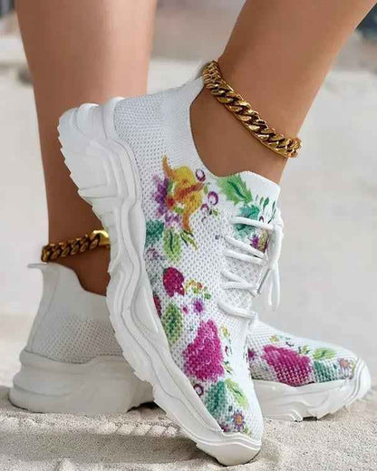 Blomsneaker - Andningsbara Snörsneakers med Fräscht Blommönster för Heldagskomfort
