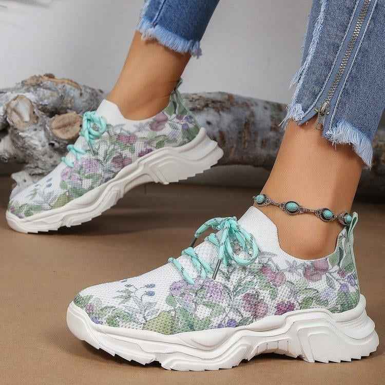 Blomsneaker - Andningsbara Snörsneakers med Fräscht Blommönster för Heldagskomfort