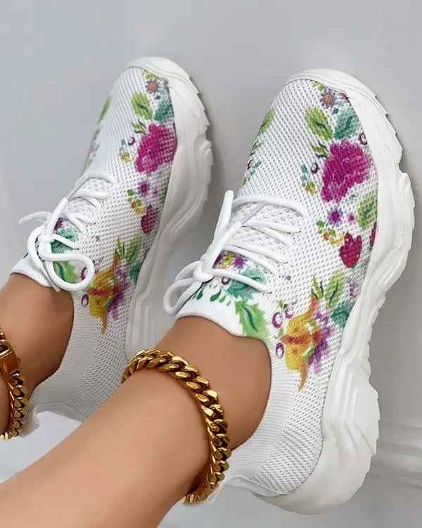 Blomsneaker - Andningsbara Snörsneakers med Fräscht Blommönster för Heldagskomfort
