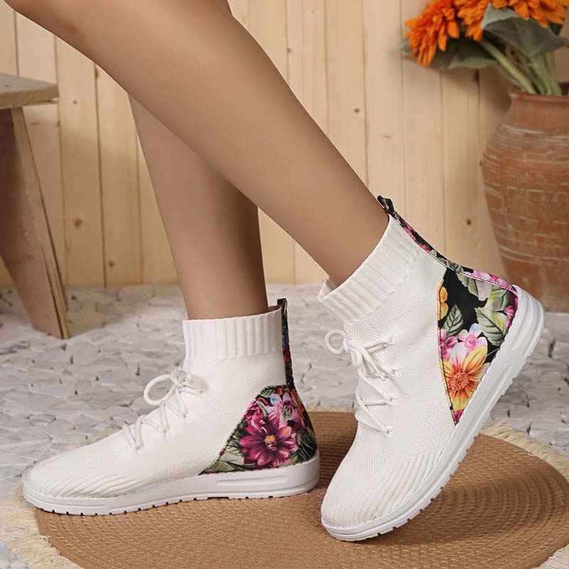 Blomhälssneaker - Heldagsbekväma Mid-Cut Sneakers med Blomdetalj vid Hälen