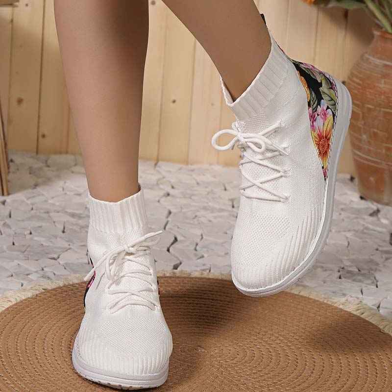 Blomhälssneaker - Heldagsbekväma Mid-Cut Sneakers med Blomdetalj vid Hälen