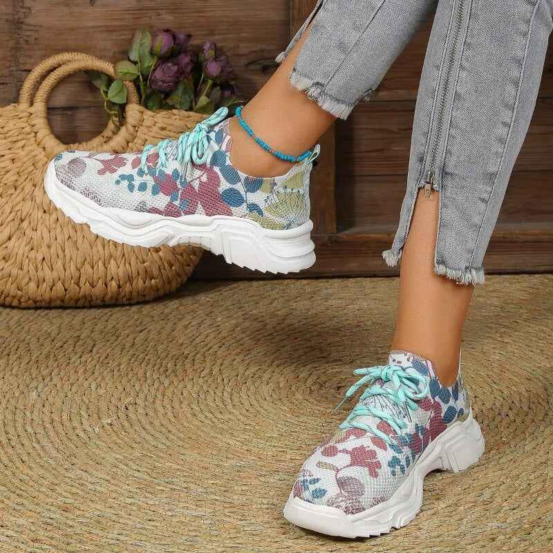 Ergomesh - Moderiktiga Avslappnade Mesh-Sneakers med Ergonomisk Sula och Blomdetaljer