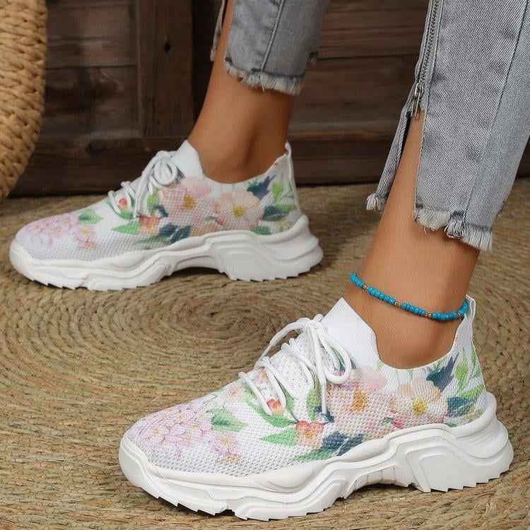Blomsneaker - Andningsbara Snörsneakers med Fräscht Blommönster för Heldagskomfort