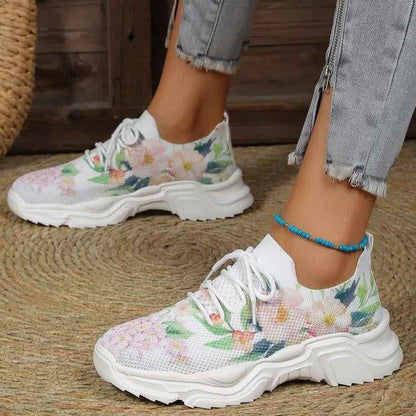 Blomsneaker - Andningsbara Snörsneakers med Fräscht Blommönster för Heldagskomfort