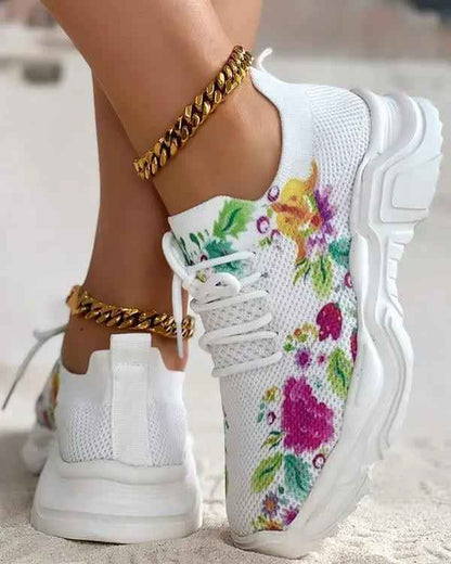 Blomsneaker - Andningsbara Snörsneakers med Fräscht Blommönster för Heldagskomfort